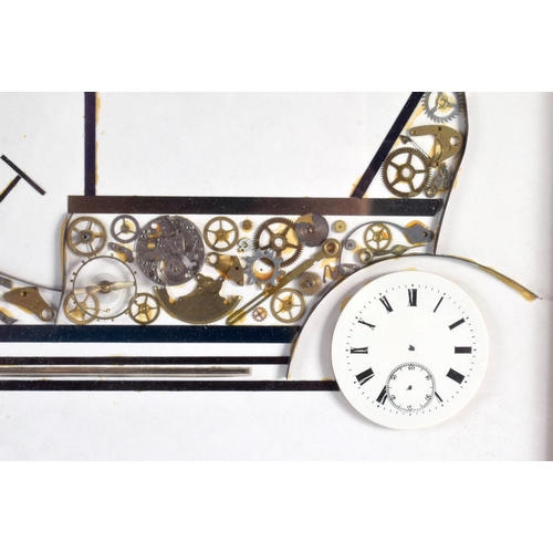 700C - AN UNUSUAL ROLLS ROYCE SILVER GHOST 1908 PICTURE formed from clock parts. 33 cm x 27 cm.