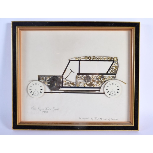 700C - AN UNUSUAL ROLLS ROYCE SILVER GHOST 1908 PICTURE formed from clock parts. 33 cm x 27 cm.