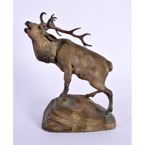 710D - AN EARLY 20TH CENTURY EUROPEAN BRONZE FIGURE OF A STAG modelled upon a rocky outcrop. 15 cm x 10 cm.