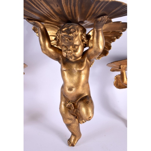 720B - THREE VINTAGE GILTWOOD CHERUB BRACKETS. Largest 18 cm x 12 cm. (3)