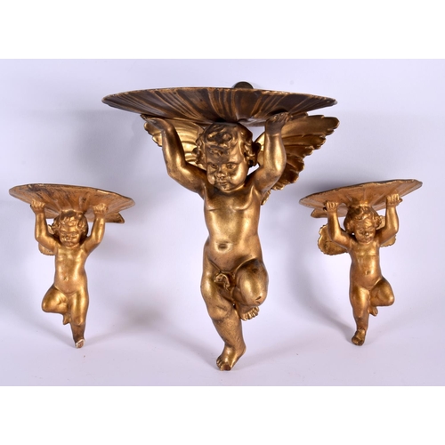 720B - THREE VINTAGE GILTWOOD CHERUB BRACKETS. Largest 18 cm x 12 cm. (3)