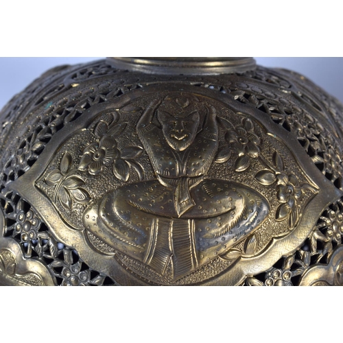 722 - A GOOD LARGE PAIR OF 19TH CENTURY MIDDLE EASTERN BRASS AND BRONZE LAMPS decorated with animals and k... 