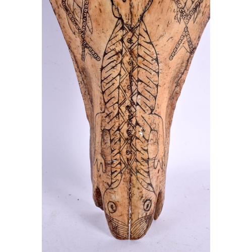 723 - A RARE 19TH CENTURY CONTINENTAL TRIBAL CARVED AND ENGRAVED HORSE SKULL decorated with animals and mo... 