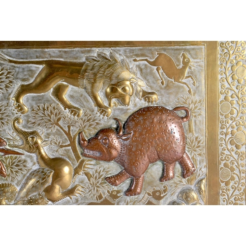 725 - A LARGE 19TH CENTURY INDIAN MIXED METAL RECTANGULAR TRAY decorated with a hunting scene. 60 cm x 44 ... 