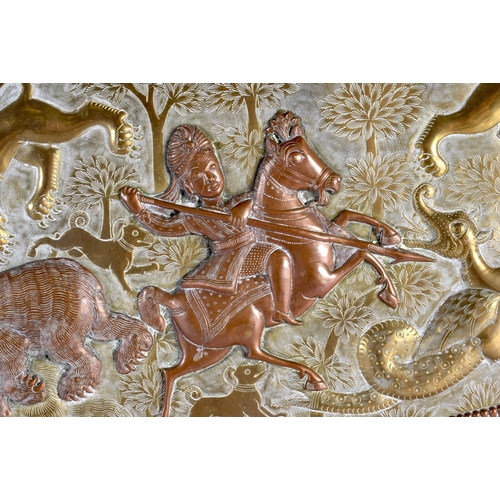 725 - A LARGE 19TH CENTURY INDIAN MIXED METAL RECTANGULAR TRAY decorated with a hunting scene. 60 cm x 44 ... 