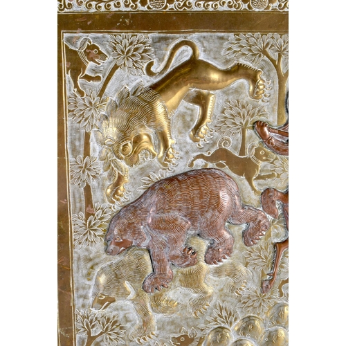 725 - A LARGE 19TH CENTURY INDIAN MIXED METAL RECTANGULAR TRAY decorated with a hunting scene. 60 cm x 44 ... 