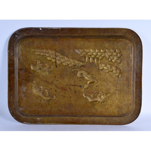 725 - A LARGE 19TH CENTURY INDIAN MIXED METAL RECTANGULAR TRAY decorated with a hunting scene. 60 cm x 44 ... 