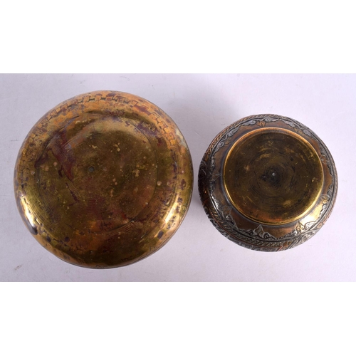 726 - TWO 19TH CENTURY MIDDLE EASTERN SILVER INLAID CENSERS decorated with calligraphy. Largest 11 cm wide... 