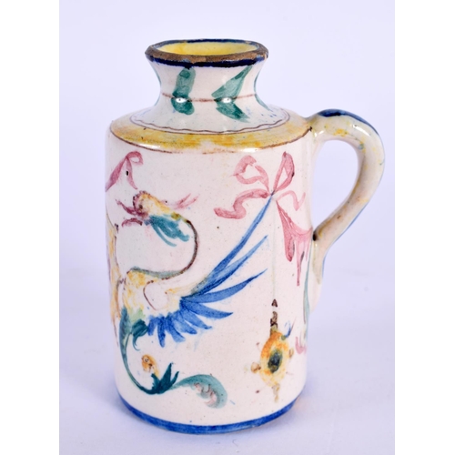 73 - A SMALL 19TH CENTURY ITALIAN FAIENCE GLAZED MINIATURE JUG Levantino family, painted with mythical cr... 