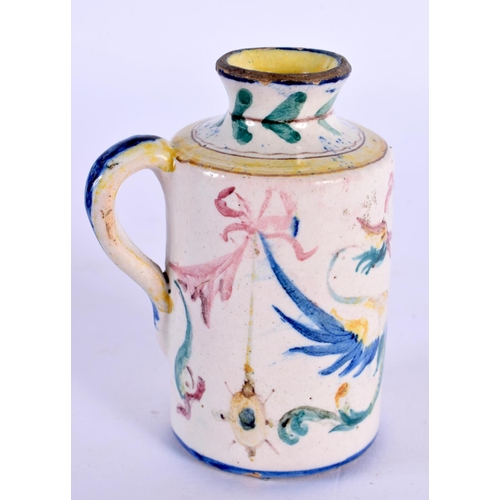 73 - A SMALL 19TH CENTURY ITALIAN FAIENCE GLAZED MINIATURE JUG Levantino family, painted with mythical cr... 