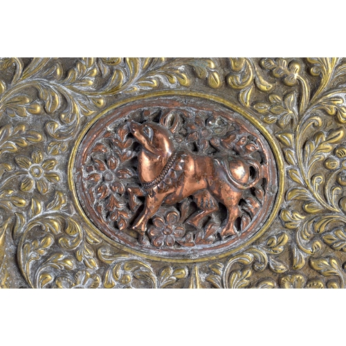 731 - A LARGE 19TH CENTURY MIDDLE EASTERN INDIAN MIXED METAL SCALLOPED CHARGER decorated with figures in v... 