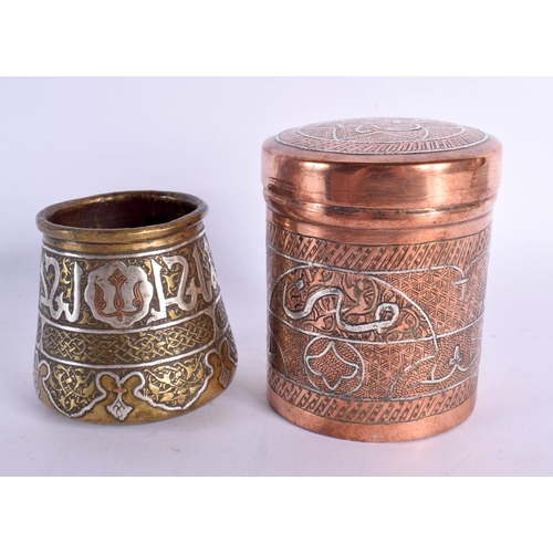 733 - A 19TH CENTURY MIDDLE EASTERN SILVER INLAID CENSER together with a larger silver inlaid box and cove... 