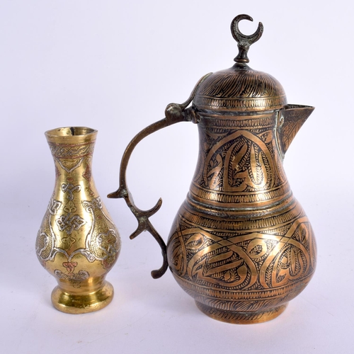 734 - A 19TH CENTURY MIDDLE EASTERN SILVER INLAID BRONZE VASE together with an Ottoman type jug. Largest 1... 