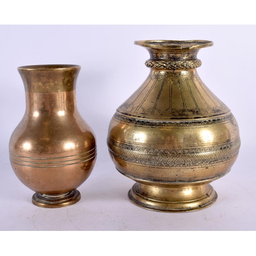 744 - AN 18TH CENTURY MIDDLE EASTERN INDIAN BRONZE VESSEL together with a smaller similar vase. Largest 17... 