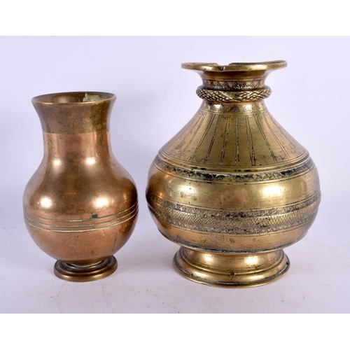 744 - AN 18TH CENTURY MIDDLE EASTERN INDIAN BRONZE VESSEL together with a smaller similar vase. Largest 17... 