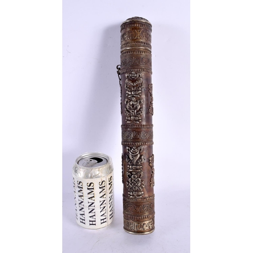 749B - A RARE 19TH CENTURY TIBETAN MIXED METAL SILVER OVERLAID SCROLL HOLDER decorated with buddhistic embl... 