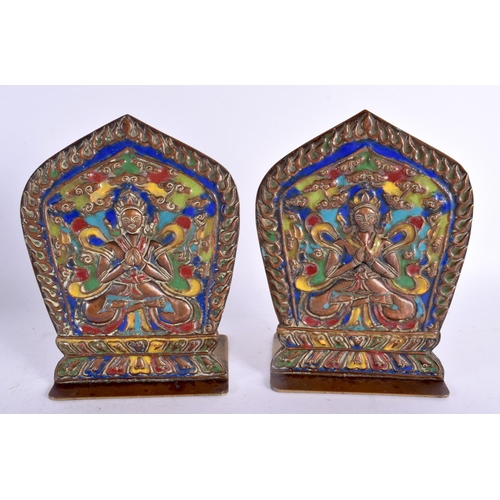 749D - A RARE PAIR OF 19TH CENTURY INDO TIBETAN ENAMELLED COPPER ALLOY BOOK ENDS decorated with buddhistic ... 