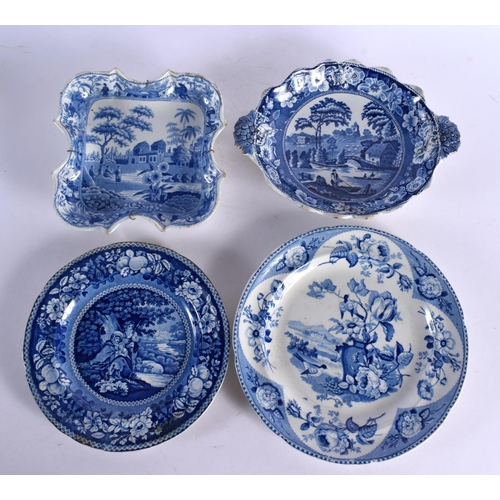 77 - FOUR 19TH CENTURY ENGISH BLUE AND WHITE DISHES including a rare spode rhino and elephant dish. Large... 