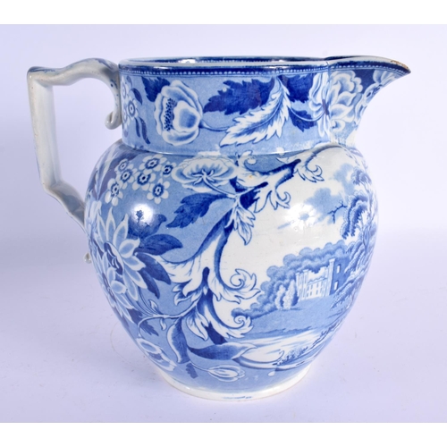 81 - A LARGE EARLY 19TH CENTURY ENGLISH BLUE AND WHITE JUG decorated with building and farm house. 20 cm ... 