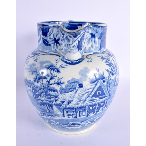 81 - A LARGE EARLY 19TH CENTURY ENGLISH BLUE AND WHITE JUG decorated with building and farm house. 20 cm ... 