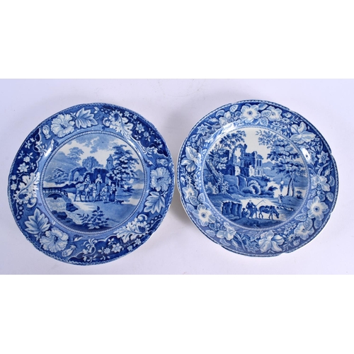 82 - TWO 19TH CENTURY ENGLISH BLUE AND WHITE POTTERY DISHES decorated with animals in landscapes. 23 cm w... 