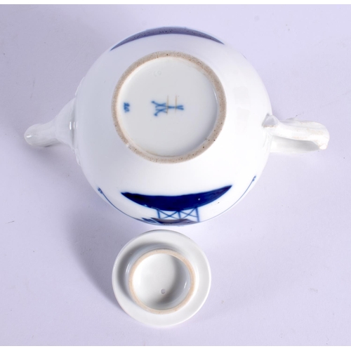 87 - A RARE MEISSEN BLUE AND WHITE PORCELAIN TEAPOT AND COVER painted with sparse landscapes. 16 cm wide.