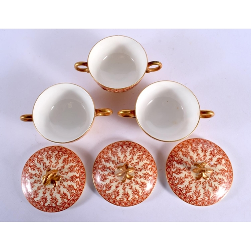 94 - NINE WORCESTER PORCELAIN TWIN HANDLED CUPS COVERS AND SAUCERS decorated with foliage. 14 cm wide. (1... 