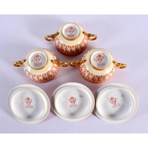 94 - NINE WORCESTER PORCELAIN TWIN HANDLED CUPS COVERS AND SAUCERS decorated with foliage. 14 cm wide. (1... 