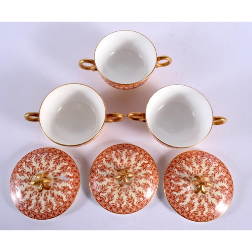 94 - NINE WORCESTER PORCELAIN TWIN HANDLED CUPS COVERS AND SAUCERS decorated with foliage. 14 cm wide. (1... 