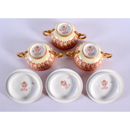 94 - NINE WORCESTER PORCELAIN TWIN HANDLED CUPS COVERS AND SAUCERS decorated with foliage. 14 cm wide. (1... 