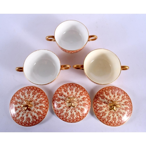 94 - NINE WORCESTER PORCELAIN TWIN HANDLED CUPS COVERS AND SAUCERS decorated with foliage. 14 cm wide. (1... 