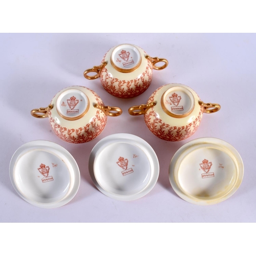 94 - NINE WORCESTER PORCELAIN TWIN HANDLED CUPS COVERS AND SAUCERS decorated with foliage. 14 cm wide. (1... 