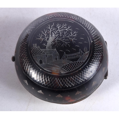 1047 - A RARE GEORGE III SILVER INLAID TORTOISESHELL POCKET WATCH HOLDER. 5.25 cm wide.