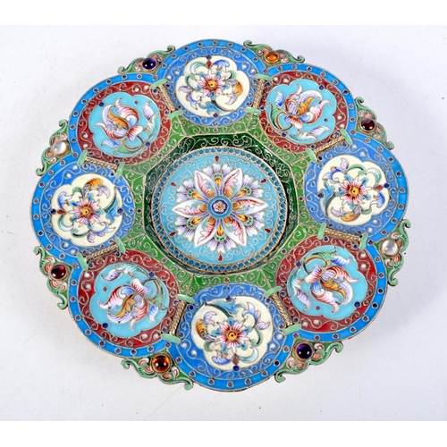 1065 - A CONTINENTAL SILVER ENAMEL JEWELLED DISH. 246 grams. 15.5 cm wide.