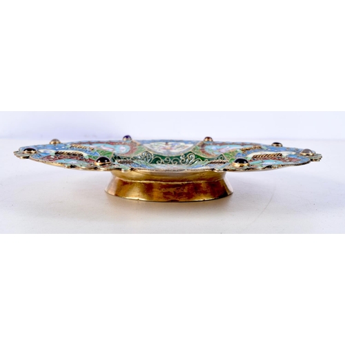 1065 - A CONTINENTAL SILVER ENAMEL JEWELLED DISH. 246 grams. 15.5 cm wide.