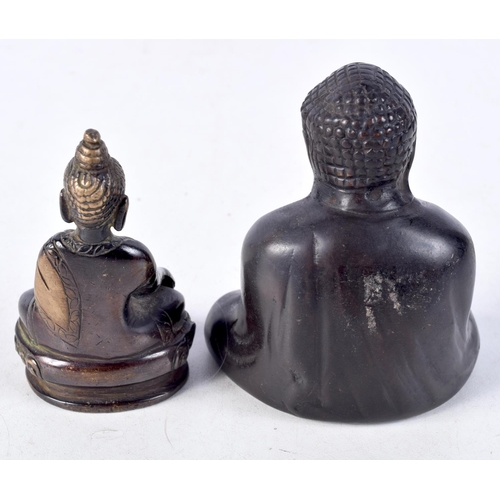 1072 - A 19TH CENTURY JAPANESE MEIJI PERIOD BRONZE BUDDHA together with another. Largest 8 cm x 7.5 cm. (2)