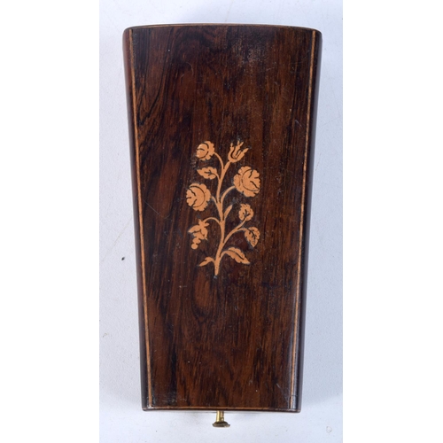 1076 - A 19TH CENTURY FRENCH LADIES MARQUETRY ROSEWOOD NECESSARIES with fitted interior. 170 grams. 9 cm x ... 