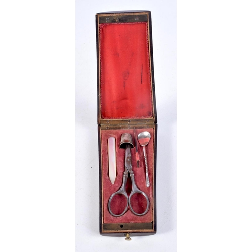 1076 - A 19TH CENTURY FRENCH LADIES MARQUETRY ROSEWOOD NECESSARIES with fitted interior. 170 grams. 9 cm x ... 