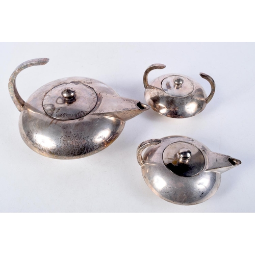 1077 - A LARGE ART DECO SILVER PLATED THREE PIECE TEASET. Largest 21 cm wide. (3)