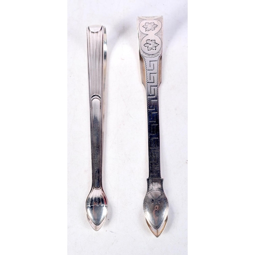 1085 - TWO PAIRS OF EARLY 19TH CENTURY SILVER SUGAR TONGS. 70 grams. London 1807 & Birmingham 1814. 15 cm l... 