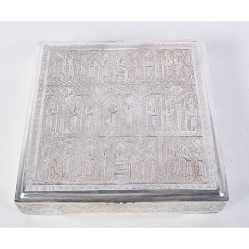 1109 - A PERSIAN WHITE METAL BOX. 555 grams. 16 cm square.