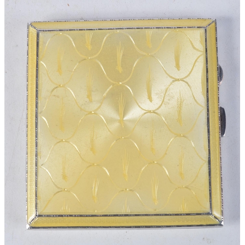 1112 - A 1950S SILVER AND YELLOW ENAMEL CIGARETTE CASE. 117 grams. Birmingham 1955. 8.5 cm square.