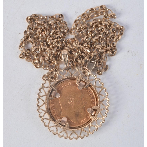 1135 - A 9CT GOLD NECKLACE with attached 1908 half sovereign. 13.7 grams. Chain 60 cm long, pendant 3.5 cm ... 