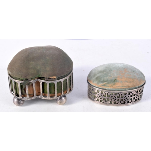 1164 - TWO SILVER PIN CUSHIONS. Largest 10 cm x 7 cm. (2)