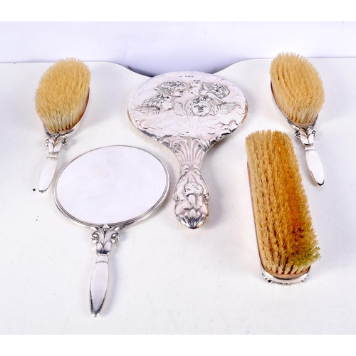 1194 - A SET OF EDWARDIAN SILVER DRESSING TABLE WARES. London 1906. 1234 grams overall. Largest 28 cm x 15 ... 