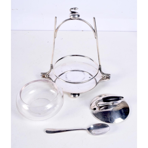 1204 - A VINTAGE SILVER PLATED CURLING CRUET SET. 334 grams not inc glass. 17 cm x 16 cm.