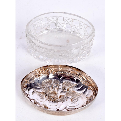 1206 - AN EDWARDIAN SILVER TOPPED CUT GLASS BOX AND COVER. Silver 23 grams. 10 cm x 7 cm.