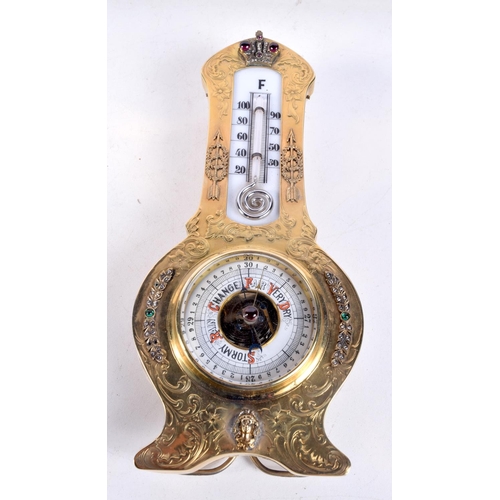 1212 - AN UNUSUAL CONTINENTAL SILVER GILT GEM SET BAROMETER. 258 grams. 19 cm x 9 cm.