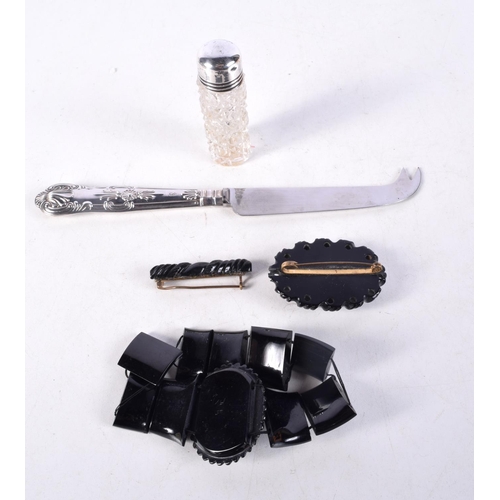 1236 - ASSORTED ANTIQUE JET together with a silver mounted bottle and knife. (qty)