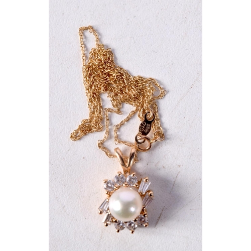 1247 - A 14CT GOLD DIAMOND AND PEARL PENDANT. 3.3 grams. 45 cm long, pendant 1.75 cm x 1 cm.